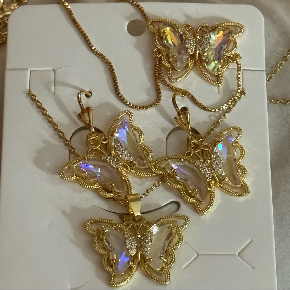 New Stainless Steel Elegant Gold Butterfly iridescent zicron Jewelry Set